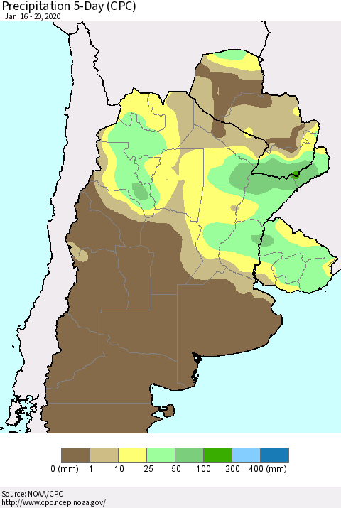 Southern South America Precipitation 5-Day (CPC) Thematic Map For 1/16/2020 - 1/20/2020
