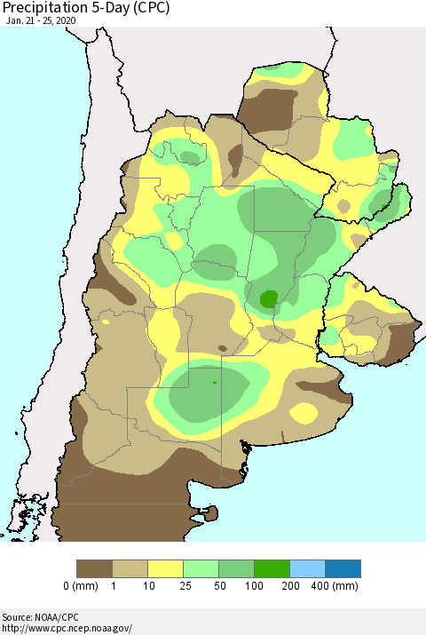 Southern South America Precipitation 5-Day (CPC) Thematic Map For 1/21/2020 - 1/25/2020