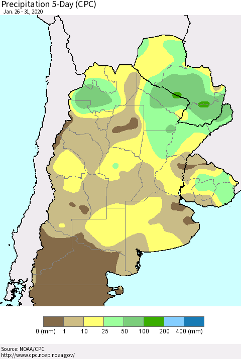 Southern South America Precipitation 5-Day (CPC) Thematic Map For 1/26/2020 - 1/31/2020