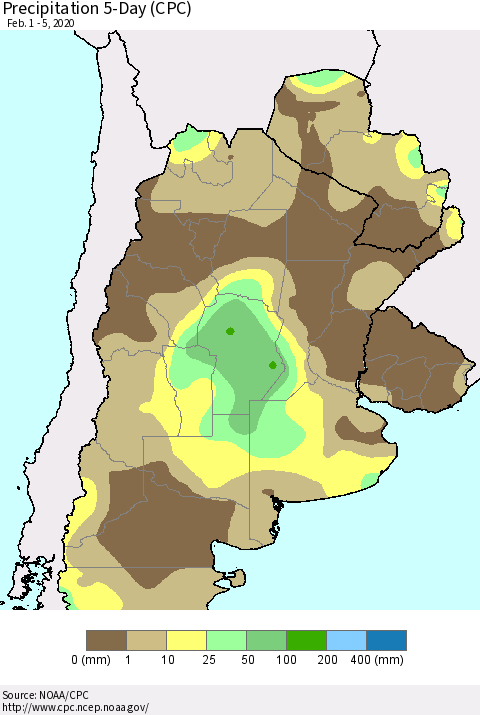 Southern South America Precipitation 5-Day (CPC) Thematic Map For 2/1/2020 - 2/5/2020
