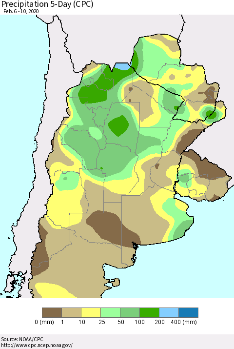 Southern South America Precipitation 5-Day (CPC) Thematic Map For 2/6/2020 - 2/10/2020