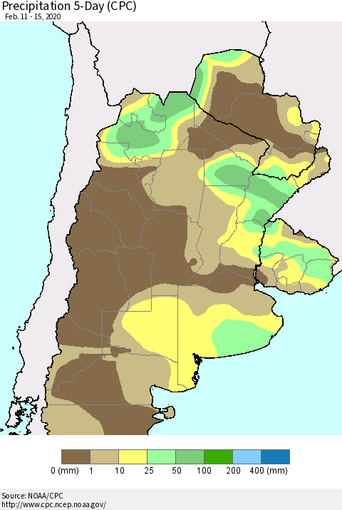 Southern South America Precipitation 5-Day (CPC) Thematic Map For 2/11/2020 - 2/15/2020