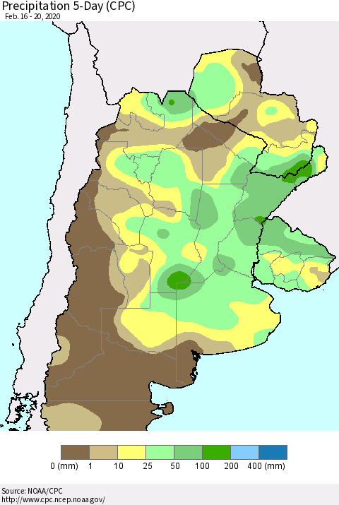 Southern South America Precipitation 5-Day (CPC) Thematic Map For 2/16/2020 - 2/20/2020