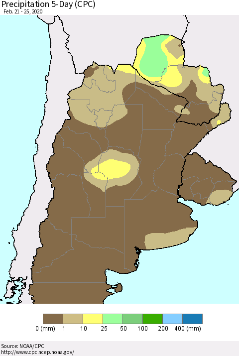 Southern South America Precipitation 5-Day (CPC) Thematic Map For 2/21/2020 - 2/25/2020
