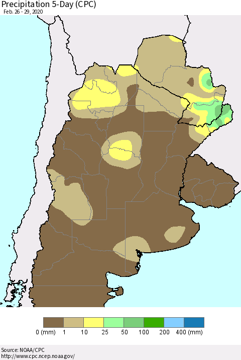 Southern South America Precipitation 5-Day (CPC) Thematic Map For 2/26/2020 - 2/29/2020
