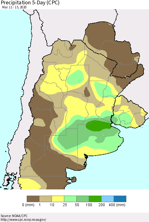 Southern South America Precipitation 5-Day (CPC) Thematic Map For 3/11/2020 - 3/15/2020