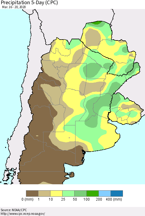 Southern South America Precipitation 5-Day (CPC) Thematic Map For 3/16/2020 - 3/20/2020