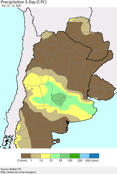 Southern South America Precipitation 5-Day (CPC) Thematic Map For 3/21/2020 - 3/25/2020