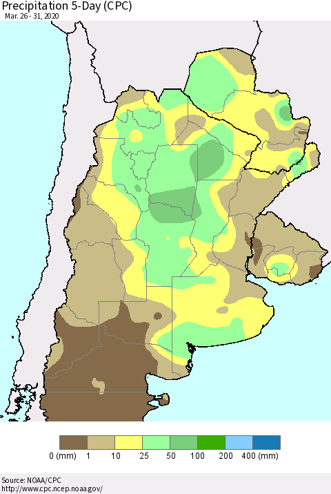 Southern South America Precipitation 5-Day (CPC) Thematic Map For 3/26/2020 - 3/31/2020