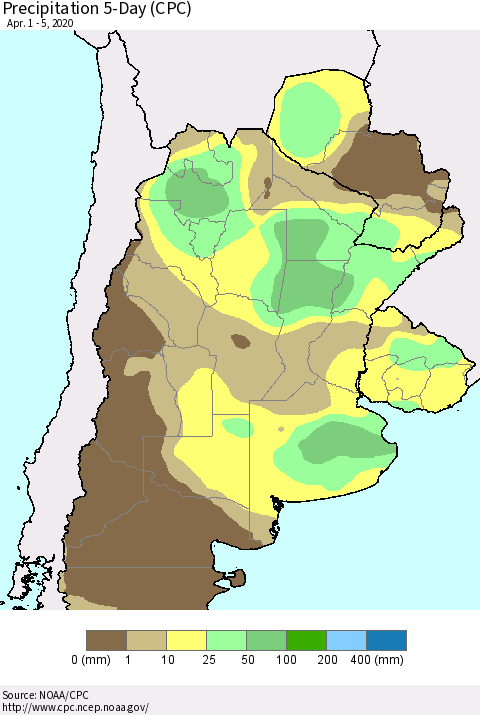 Southern South America Precipitation 5-Day (CPC) Thematic Map For 4/1/2020 - 4/5/2020