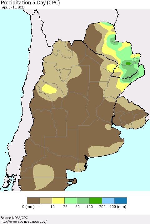 Southern South America Precipitation 5-Day (CPC) Thematic Map For 4/6/2020 - 4/10/2020
