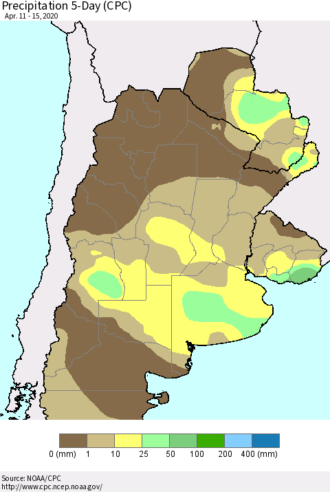 Southern South America Precipitation 5-Day (CPC) Thematic Map For 4/11/2020 - 4/15/2020