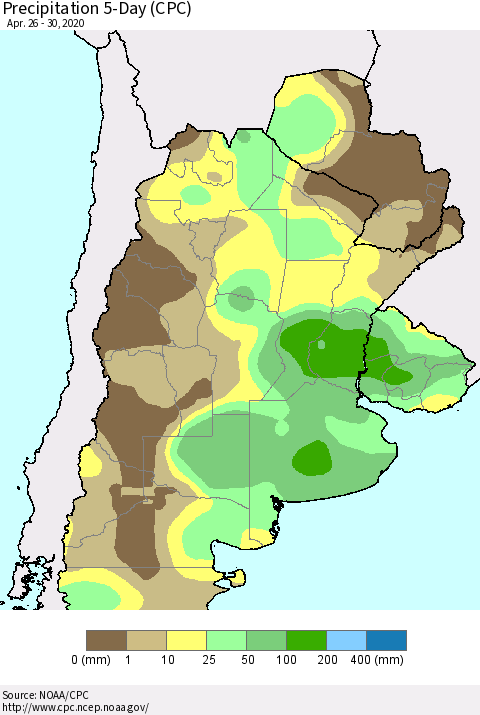 Southern South America Precipitation 5-Day (CPC) Thematic Map For 4/26/2020 - 4/30/2020