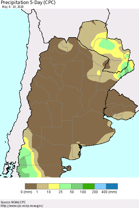 Southern South America Precipitation 5-Day (CPC) Thematic Map For 5/6/2020 - 5/10/2020