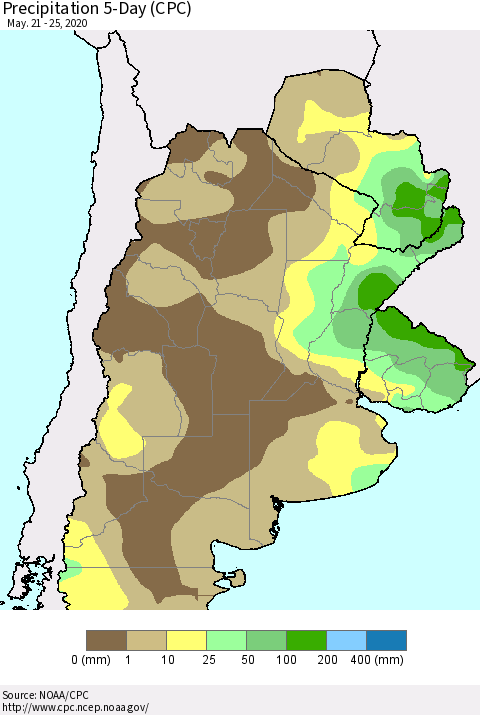 Southern South America Precipitation 5-Day (CPC) Thematic Map For 5/21/2020 - 5/25/2020