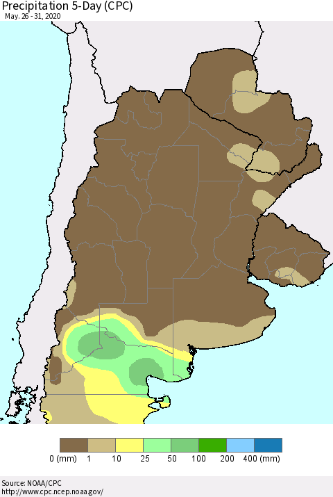 Southern South America Precipitation 5-Day (CPC) Thematic Map For 5/26/2020 - 5/31/2020
