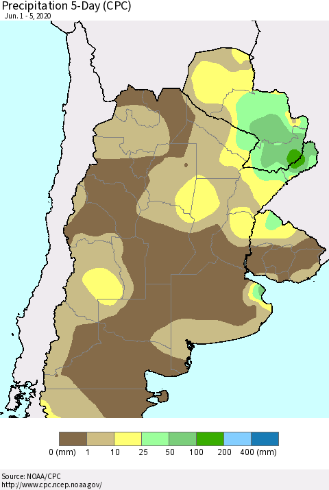 Southern South America Precipitation 5-Day (CPC) Thematic Map For 6/1/2020 - 6/5/2020