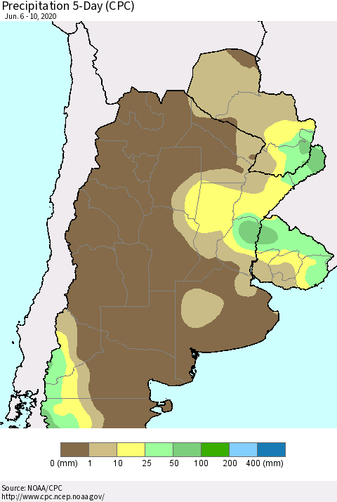 Southern South America Precipitation 5-Day (CPC) Thematic Map For 6/6/2020 - 6/10/2020