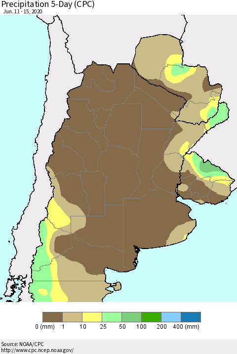 Southern South America Precipitation 5-Day (CPC) Thematic Map For 6/11/2020 - 6/15/2020