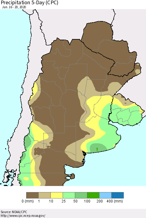 Southern South America Precipitation 5-Day (CPC) Thematic Map For 6/16/2020 - 6/20/2020
