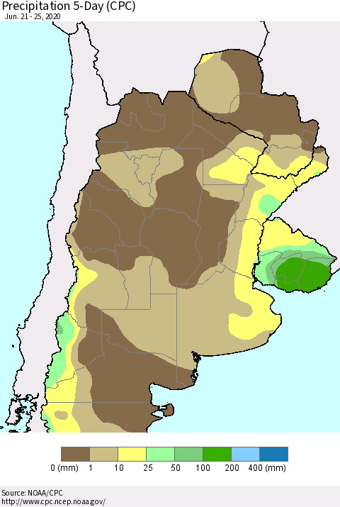 Southern South America Precipitation 5-Day (CPC) Thematic Map For 6/21/2020 - 6/25/2020