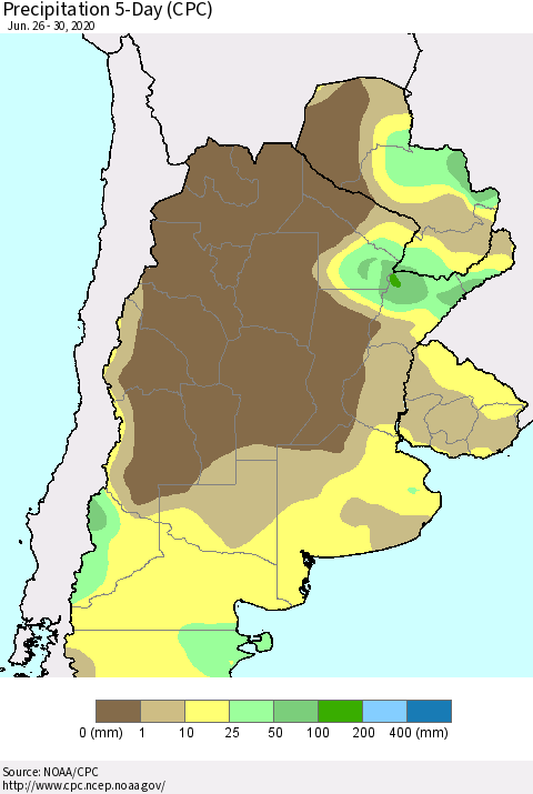 Southern South America Precipitation 5-Day (CPC) Thematic Map For 6/26/2020 - 6/30/2020