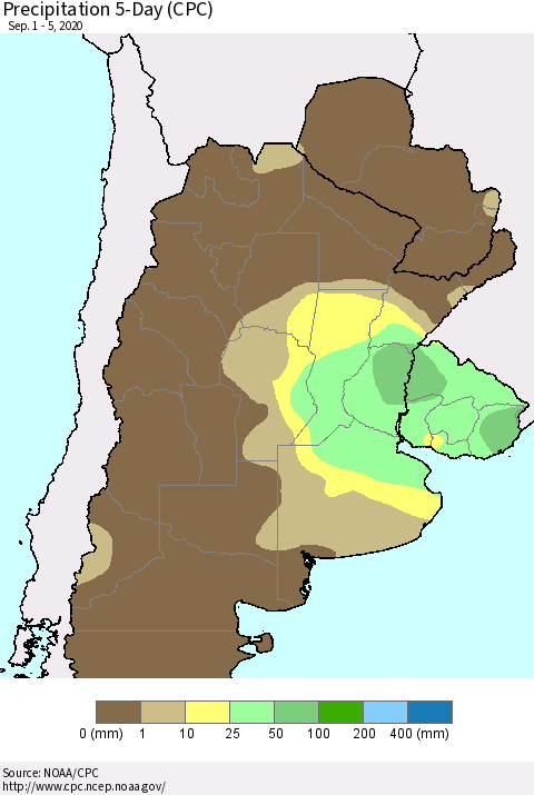Southern South America Precipitation 5-Day (CPC) Thematic Map For 9/1/2020 - 9/5/2020