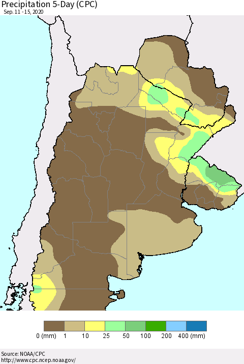 Southern South America Precipitation 5-Day (CPC) Thematic Map For 9/11/2020 - 9/15/2020