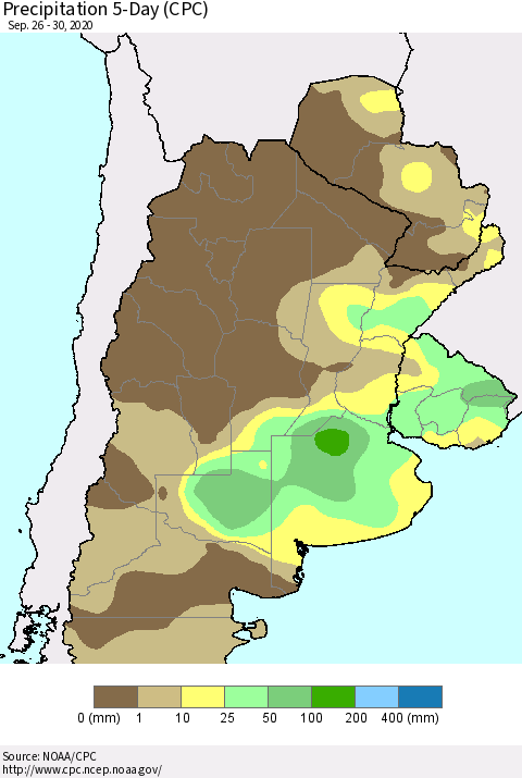 Southern South America Precipitation 5-Day (CPC) Thematic Map For 9/26/2020 - 9/30/2020