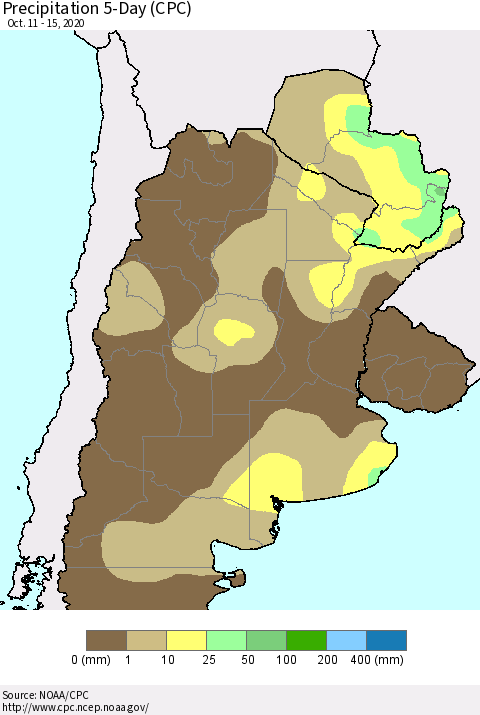 Southern South America Precipitation 5-Day (CPC) Thematic Map For 10/11/2020 - 10/15/2020