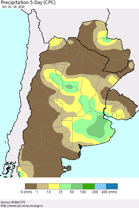 Southern South America Precipitation 5-Day (CPC) Thematic Map For 10/16/2020 - 10/20/2020