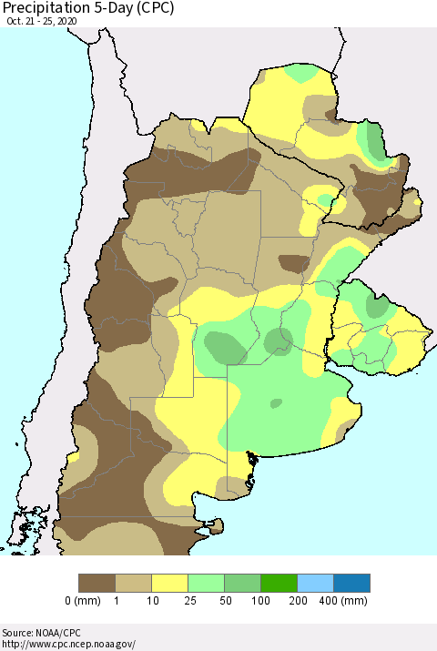 Southern South America Precipitation 5-Day (CPC) Thematic Map For 10/21/2020 - 10/25/2020