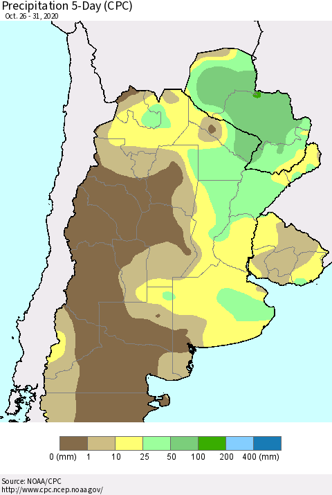 Southern South America Precipitation 5-Day (CPC) Thematic Map For 10/26/2020 - 10/31/2020