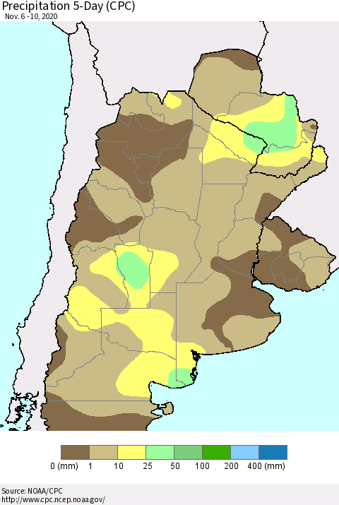 Southern South America Precipitation 5-Day (CPC) Thematic Map For 11/6/2020 - 11/10/2020