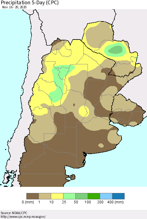 Southern South America Precipitation 5-Day (CPC) Thematic Map For 11/16/2020 - 11/20/2020