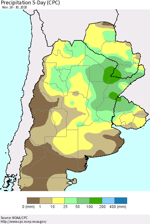 Southern South America Precipitation 5-Day (CPC) Thematic Map For 11/26/2020 - 11/30/2020