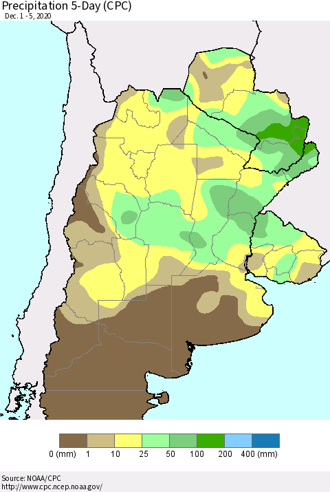 Southern South America Precipitation 5-Day (CPC) Thematic Map For 12/1/2020 - 12/5/2020