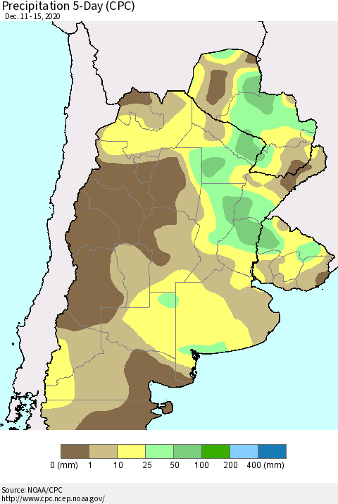 Southern South America Precipitation 5-Day (CPC) Thematic Map For 12/11/2020 - 12/15/2020