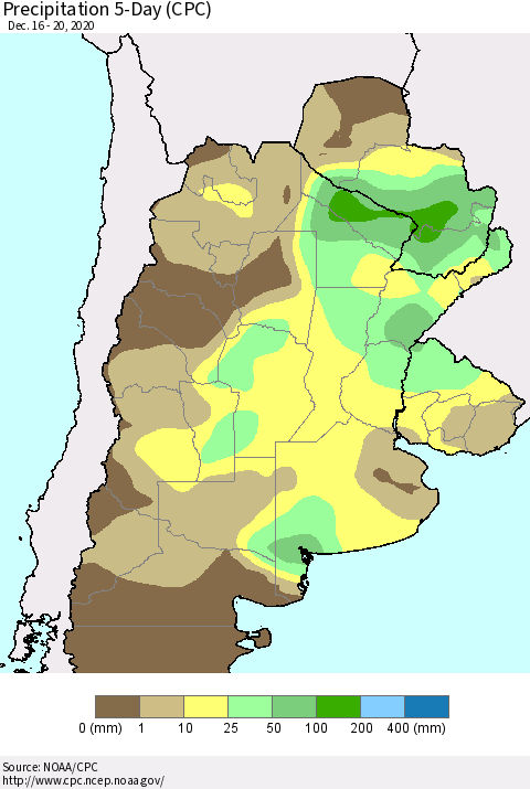 Southern South America Precipitation 5-Day (CPC) Thematic Map For 12/16/2020 - 12/20/2020