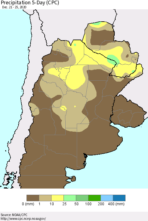 Southern South America Precipitation 5-Day (CPC) Thematic Map For 12/21/2020 - 12/25/2020