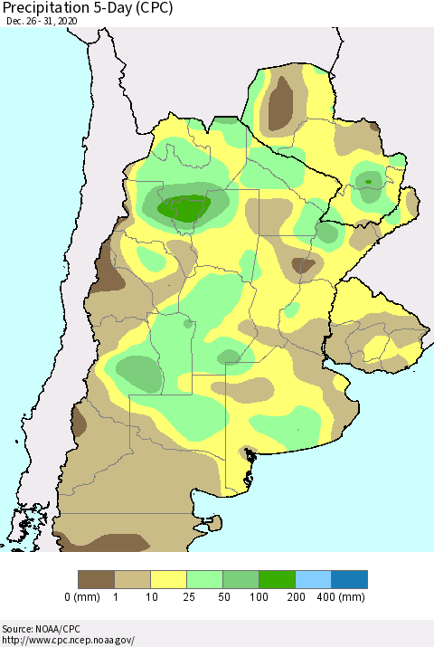 Southern South America Precipitation 5-Day (CPC) Thematic Map For 12/26/2020 - 12/31/2020
