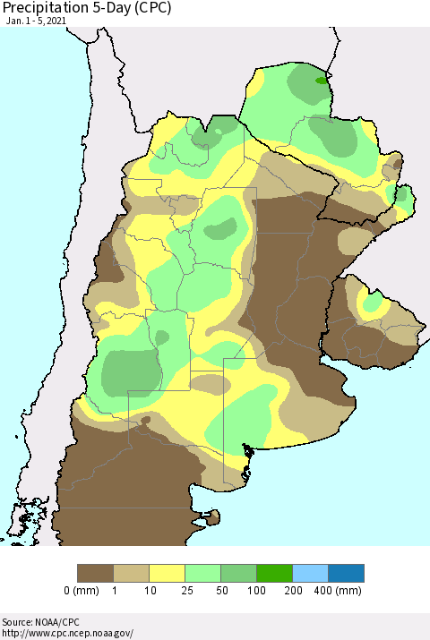Southern South America Precipitation 5-Day (CPC) Thematic Map For 1/1/2021 - 1/5/2021