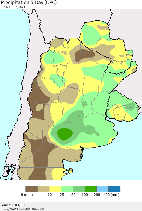 Southern South America Precipitation 5-Day (CPC) Thematic Map For 1/11/2021 - 1/15/2021