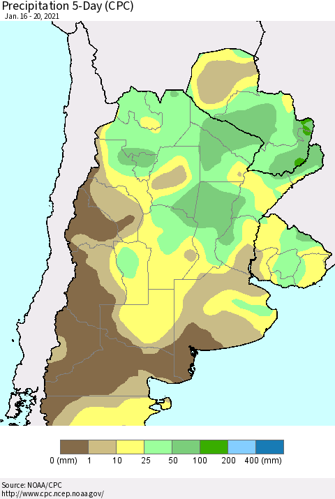Southern South America Precipitation 5-Day (CPC) Thematic Map For 1/16/2021 - 1/20/2021