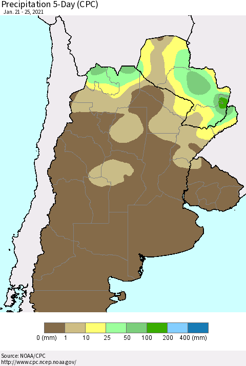 Southern South America Precipitation 5-Day (CPC) Thematic Map For 1/21/2021 - 1/25/2021