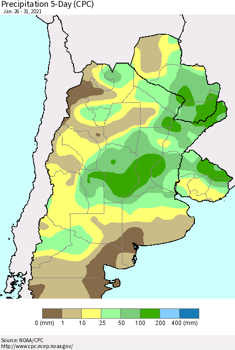 Southern South America Precipitation 5-Day (CPC) Thematic Map For 1/26/2021 - 1/31/2021