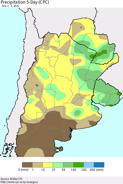 Southern South America Precipitation 5-Day (CPC) Thematic Map For 2/1/2021 - 2/5/2021