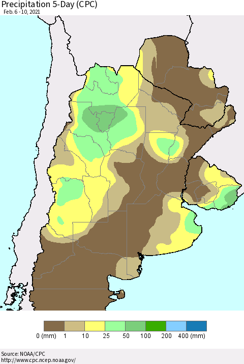 Southern South America Precipitation 5-Day (CPC) Thematic Map For 2/6/2021 - 2/10/2021