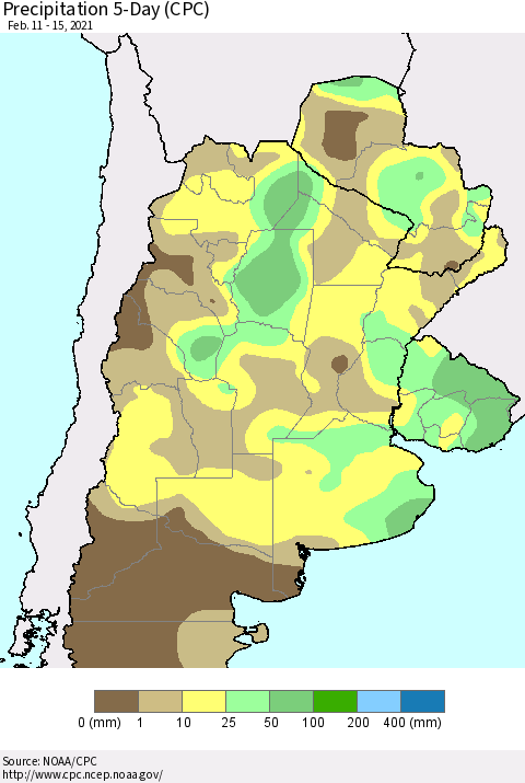 Southern South America Precipitation 5-Day (CPC) Thematic Map For 2/11/2021 - 2/15/2021