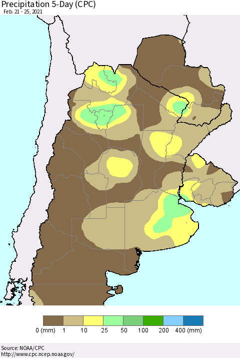 Southern South America Precipitation 5-Day (CPC) Thematic Map For 2/21/2021 - 2/25/2021
